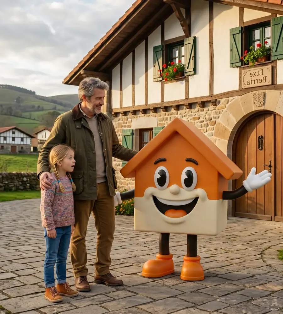 Famille devant leur maison avec la mascotte Je Partage Immo